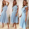 Jupes femmes bureau décontracté Maxi longue Midi robe trapèze femme été blanc bébé bleu solide dentelle sans manches élégant fête plage