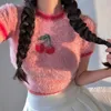 Женские футболки TVVovvin Французская сладкая и пряная девочка в стиле розовая бирри из вишневой вышивки женская круглая шея тонкая короткая топ xqz4