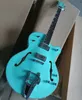 6 Strings Sky Blue Semi Hollow Electric Guitar with Big Tremolo Rosewood Fretboard Customizable