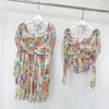 Casual Dresses 2023 Women Silk Floral Print Square Collar Long Sleeve Folded Bust Colorful Dress