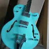 6 Strings Sky Blue Semi Hollow Electric Guitar with Big Tremolo Rosewood Fretboard Customizable