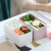Servis uppsättningar Bento Box 2 Tiers Lunch Container med bestick för vuxna och barnmikrovågsugn Safe2959