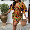 Ethnic Clothing African Women Dress Dashiki Kanga Femme Maxi V Neck Summer Short Sleeve Skirt Bazin Rich Plus Size Geometric Print