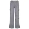 Women Cargo Pants Jeans Multi Pocket Work Clothes Gray High Waist Horn Leg Length Casual Pant Female Sweatpants