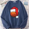 Men's Hoodies Christmas Basketball Ball Santa Hat Funny Mens Long Sleeves Creative Hip Hop Fleece Hoodie Casual O-Neck All-math Man