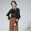 Blusas de Mujer BULOCHOVA, moda de otoño, camisa con solapa bordada, blusas negras para Mujer con cuello vuelto, trabajo de oficina, Tops ajustados para Mujer 2023