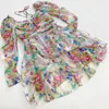 Casual Dresses 2023 Women Silk Floral Print Square Collar Long Sleeve Folded Bust Colorful Dress