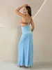 Robes de soirée Angel-fashions Robe de soirée sexy pour femmes Spaghetti Strap Two Tone Cut Out Satin Mermaid Long Prom Dress Blue 795