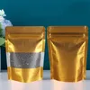 透明な窓の再包装可能な詰め物を備えた金色の吐き出しスタンディングパッケージジッパージップロックバッグマイラーゴールデンポーチバッグ