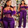 2023 아랍어 ASO EBI Purple Jumpsuits 무도회 드레스 구슬로드 깃털 저녁 공식 파티 두 번째 리셉션 생일 약혼 가운 드레스 ZJ366