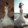 Moderne zeemeermin trouwjurken vintage v nek backless bruidsjurk op maat gemaakte kanten jurk vestido de novia