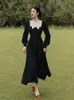 Lässige Kleider Yosimi Retro Französische Romantik Little Black Kleid Lange Frauen 2023 Herbst Vintage V-Ausschnitt Patchwork A-Line-Ärmel