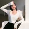 Women's T Shirts Rib Gray Woman Shirt Spring Autumn O Neck Solid Long Sleeve Crop Tops White Black Casual Basic Knitted Skinny Tees 2023