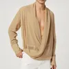 Men's Casual Shirts Men Shirt Loose Solid Color Chiffon Pullover Sexy Deep V Neck Autumn Top See-through Long Sleeves Spring For Club