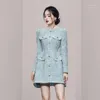 Vestidos casuales Alta calidad elegante azul de un solo pecho tweed mujeres otoño invierno oficina dama o-cuello borla manga larga una línea mini vestido