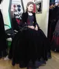Vintage Victorian Black Gothic Ball Gown Wedding Dresses With Velvet Flare Long Sleeves Jacket Lace Applique Two Pieces Floor Length Halloween Masquerade Dress