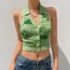 CAMISOS Tanks dames gebreide crop top dames halter nek backless zomer paisley groen tops v knop mouwloze vintage sexy tank