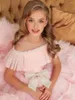 Abiti da ragazza Pink Pincess Scoop Birthday Flower Dress Bow Tiered Teen Wedding Party Sfilata di moda Prima Comunione Tutte le età