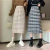 Rokken vintage plaid gebreide lange rok voor vrouwen elastische hoge taille midden-lengte vrouwelijke gesplitste vork one-stappen lente herfst