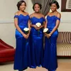 Vestidos de dama de honra azul royal cetim fora do ombro de tamanho longo vestido de festa de convidado de casamento longa vestido