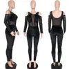 Macacões de veludo feminino manga longa malha retalhos macacão fahion oco para fora macacões bodycon ver através de uma peça roupas night club wear 8695