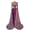 Robes de soirée gracieuses en velours violet avec manches longues Cape miroir sirène perlé paillettes col haut aso ebi robe de bal