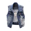 Gilet da donna 2023 Primavera e Autunno Stile Punk Strappato Gilet di jeans Donna Senza maniche Slim Jean Fiori 3D Fori