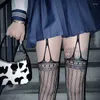 Damensocken MXMA Japanische Lolita Strapsstrumpfhose Dark Punk Sexy Hollow Out Netzstrumpfhose Jacquard Dehnbarer Strumpfgürtel Oberschenkel
