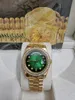 Original Box Certificate 18K Gold President Male Watches Day Date Diamonds Green Dial Watch Män rostfri Diamond Bezel Automatisk armbandsur 202368