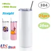 25pc/carton 20oz Sublimation Blanks Tumbler Stainless Steel Straight Vacuum Insulated Water Bottles Portable Car Coffee Tea Mugs US Warehouse