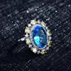 Cluster Rings Design Oval Blue Crystal Open Ring Luxury Sparkle Ladies Jewelry Banquet Wedding Silver