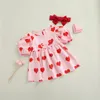 Girl Dresses Baby Girls Summer Dress With Bow Headband Outfit 1-5 Yeats 2Pcs Princess Heart Printed Short Puff Sleeve Crew Neck