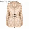 Femmes Down Parkas Automne Hiver Blanc Canard Vestes Solide À Capuchon Avec Ceinture Argyle Chaud Droite Femme Mode Vêtements LH978 221231