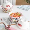 Bowls 650ml Noodle Bowl with Lid Cartoon Shins Marukos Creative Spoon Ceramics Instant Room الطالب