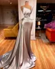 2023 Sexy Evening Dresses Wear Silver One Shoulder Crystal Beaded Ruffles Mermaid Women Dubai Formal Party Prom Dress Sweep Train