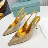 Womens Sandals 22ss Strass Stiletto Heel Height 8.5cm Pumps And Slingbacks Slip-on Dress Shoes Classic Golden Elegant Pointed Toes Quilted Texture Fashion Slipper