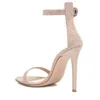 Sandálias Pereira Bling Lantejoulas Open Toe Stiletto Heel Mulheres Clássico Nude Pano Ankle Straps High Dress Shoes