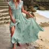 Casual Jurken V-hals Kwastje Boho Lange Jurk Vrouwen Elegante Bloemenprint Maxi Party Zomer Mouwloze Losse Strand Vestido