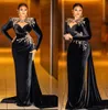 Royal Black Mermaid Prom Dresses Crystals Long Sleeves Party Dresses Plus Size Custom Made Evening Dress