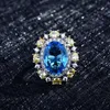 Cluster Rings Design Oval Blue Crystal Open Ring Luxury Sparkle Ladies Jewelry Banquet Wedding Silver