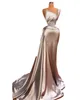 2023 Sexy Evening Dresses Wear Silver One Shoulder Crystal Beaded Ruffles Mermaid Women Dubai Formal Party Prom Dress Sweep Train