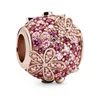 Rose Gold Metal Plated Pink Pave Daisy Flower Charm Bead For European Pandora Jewelry Charm Bracelets