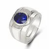 Bröllopsringar Klassiska män Ring White Gold Plated Inlay Round Cut Blue Zircon Men's Casual Business Open Anniversary Jewelry