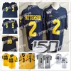 American College Football Wear 2019 Michigan Wolverines # 2 Shea Patterson 10 Dylan McCaffrey Devin Bush 3 Rashan Gary Peppers Brady Woodson White Navy Blue 150TH Jer