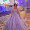 2023 Lila Quinceanera-Kleider, Spitzenapplikation, Tüll, schulterfrei, Perlen, abgestufte Rüschen, bodenlang, Sweet 16-Geburtstagsfeier, Abschlussball, formeller Abend, Vestidos