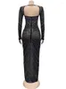الفساتين غير الرسمية Kricesseen مثير شبكة راينستون بلورات مرقعة ماكسي لباس النساء طويل الأكمام