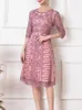 Casual Dresses Fashion Runway Autumn Spring Dress Women Pink Red High Quality Embroidery Sequins Flower Ladies Party Midi