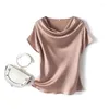 Damen-T-Shirts, leichtes, luxuriöses, glattes Satin-weißes T-Shirt für Damen, 2023, Sommermode, eleganter Florkragen, große Größe, lockeres, lässiges Oberteil