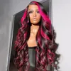 긴 브라질 레이스 프런트 가발 시뮬레이션 인간의 머리 바디 웨이브 클로저 가발 하이라이트 핑크 가발 여성을위한 말레이시아 합성