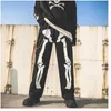 Männer/Frauen Graffiti Schwarz Skeleton Jeans Ins Bone Print Gerade Bein Denim Hosen Hip Hop Dad Hosen